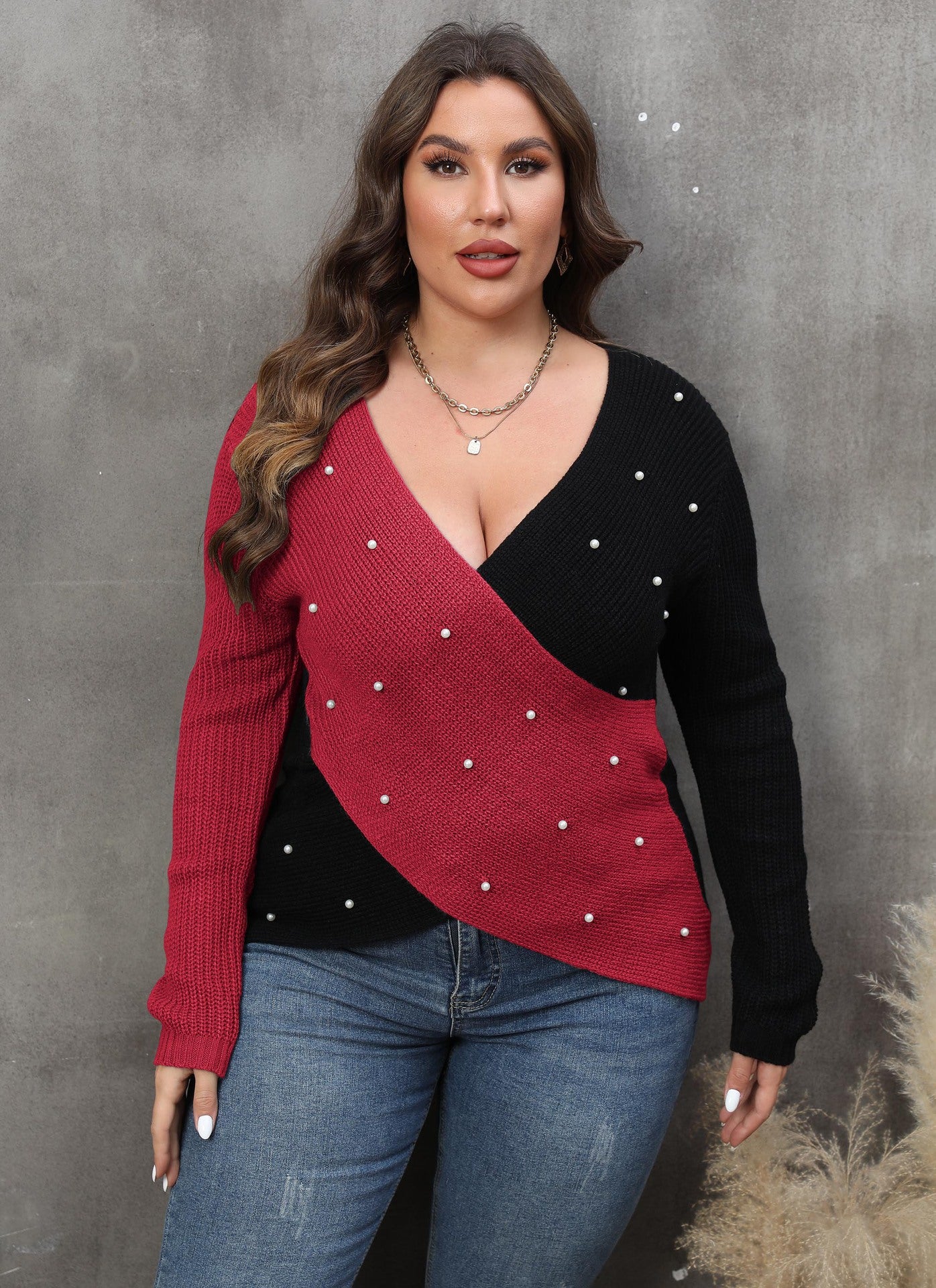 Plus Size Women's Color Contrast Patchwork Deep V Cross Sexy Beaded Sweater