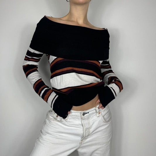 American-style Casual Contrast Color Striped Off-shoulder Sweater