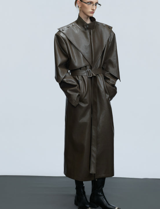 Waist-tight Copper Coin Buckle Below The Knee Trench Coat