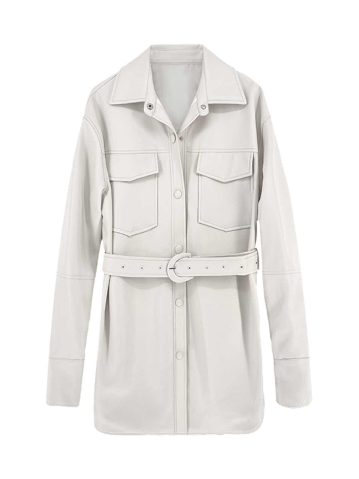 Retro White Shirt Leather Coat Women's Mid-length Cinched Blouse
