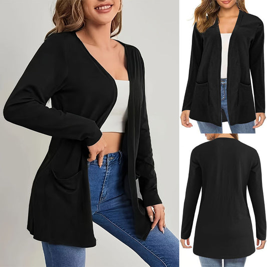Cardigan Pocket Coat Solid Color Long Sleeve Women