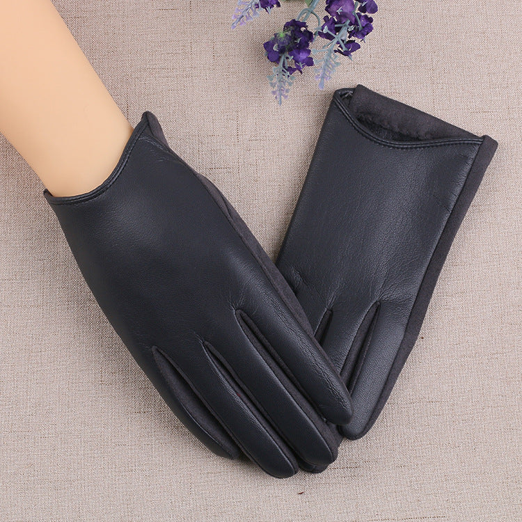 PU Leather Gloves Women's Winter Fleece Thick Touch Screen
