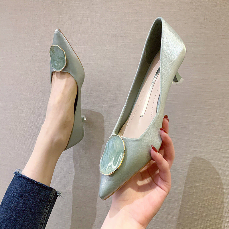 All-match Mid-heel Pointed Shallow Mouth Silk Women's Shoes