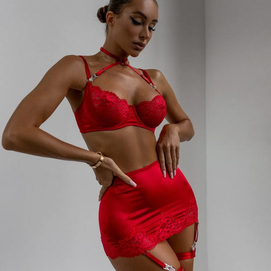 Satin Lace Bra Set With A Crisscross Halter Neck