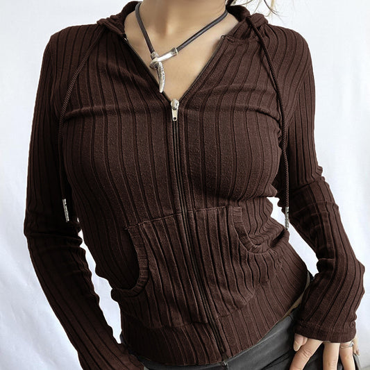 Slim Fit Sunken Stripe Knitted Hooded Zipper Pocket Coat Women