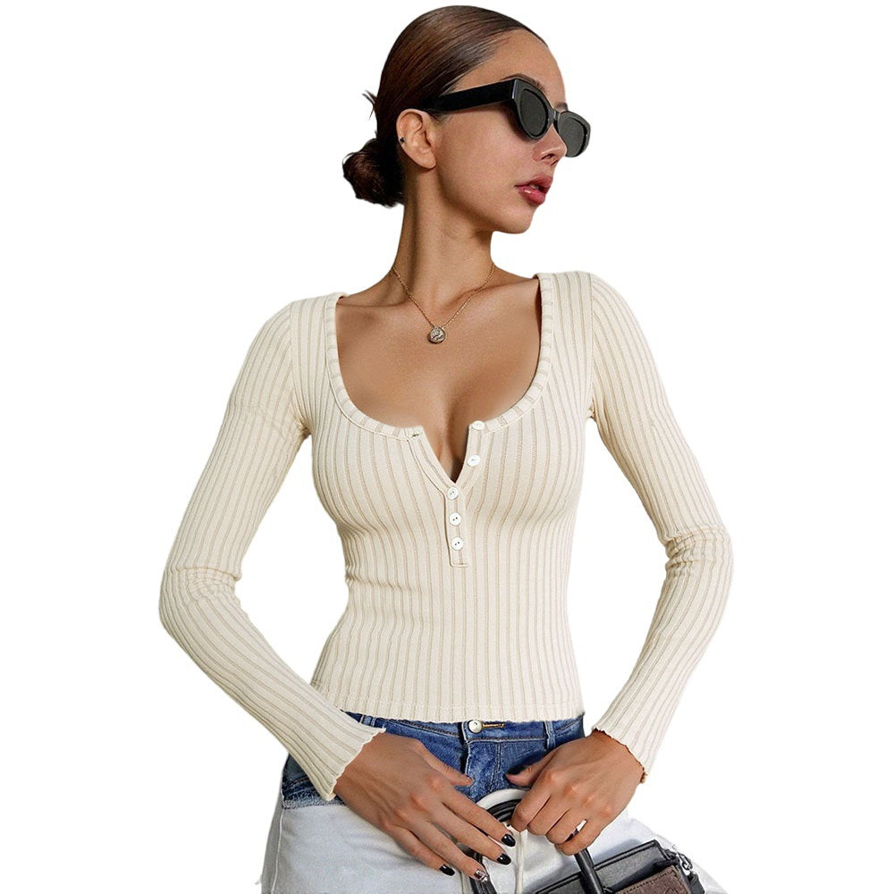 American-style Semi-open U-neck Knitwear Long-sleeved Button-up Elegant Slim-fit Top