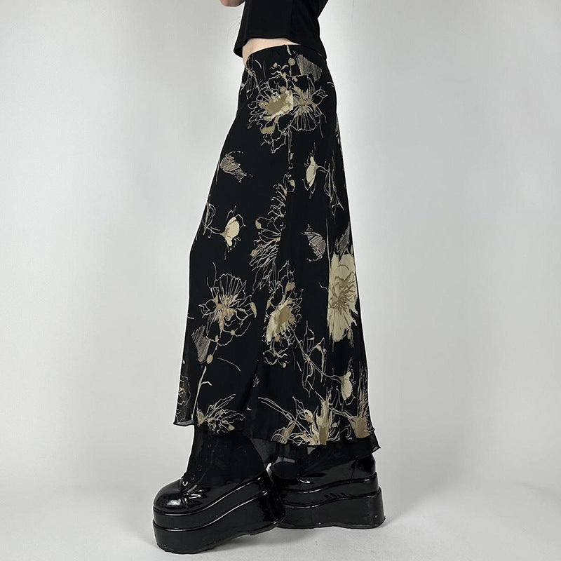 Women's Vintage Tie-dyed Floral Printed Mesh Skirt