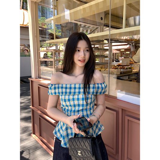 Off-shoulder Blue Checkered Short Sleeve Shirt Women's Summer Short Style