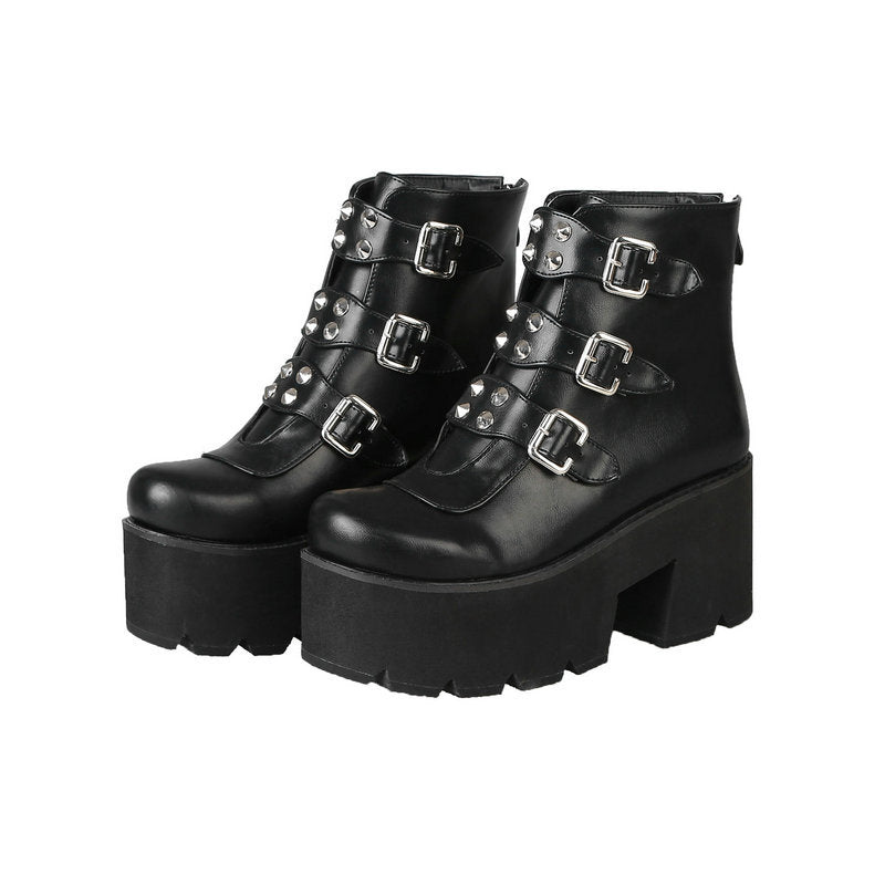 Belt Buckle Side Zipper High Heel Stage Boots Platform Shoes