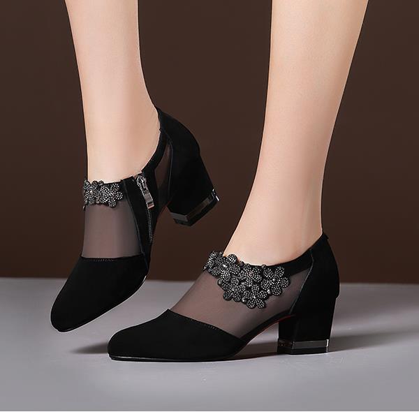 Mesh pointed toe zipper high heel women's shoes