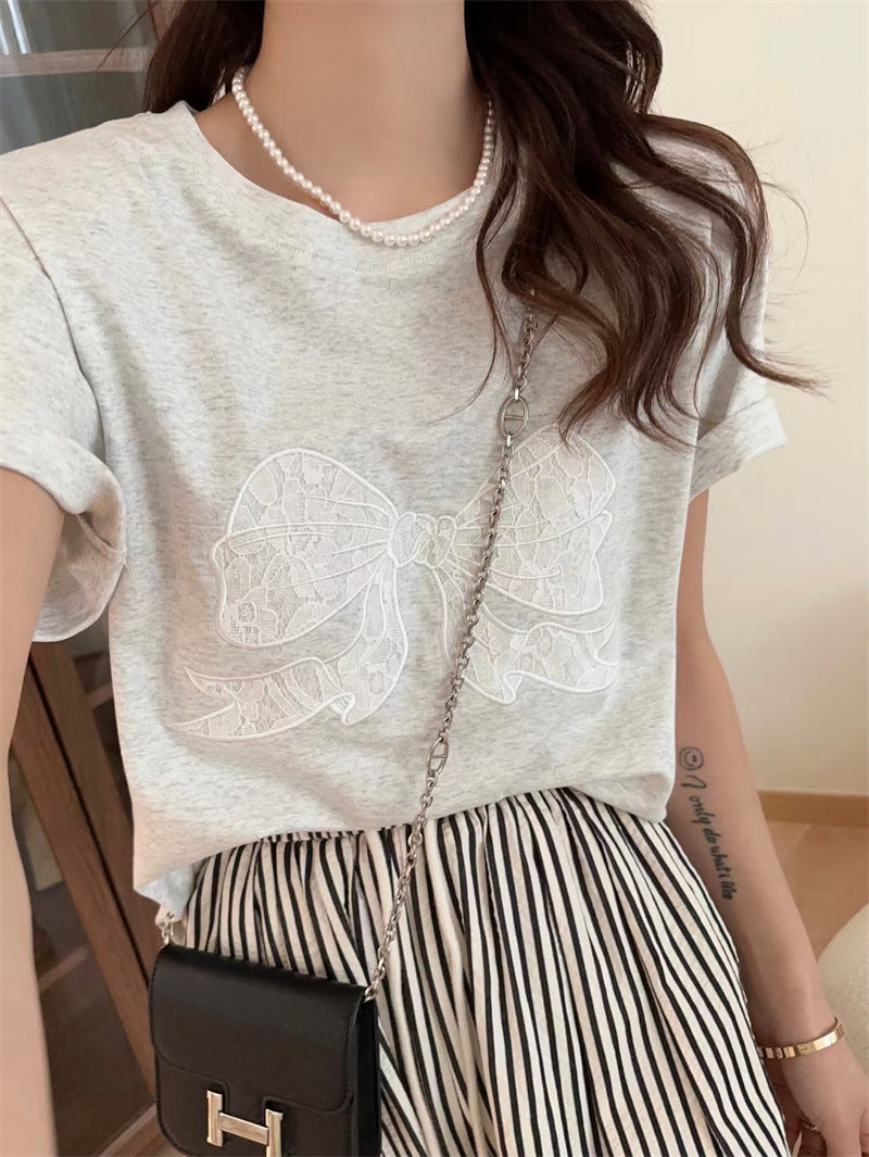 Base Cotton Water-washing Embroidery Bow Student Short Sleeve