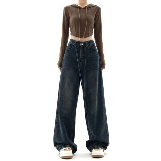 Ribbon Jeans til kvinder, lige løse bukser med brede ben i amerikansk stil
