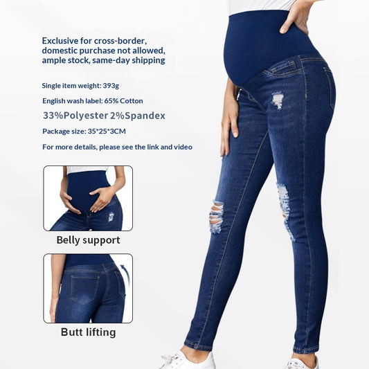 Højtaljede mavestøttende ripped graviditetsjeans