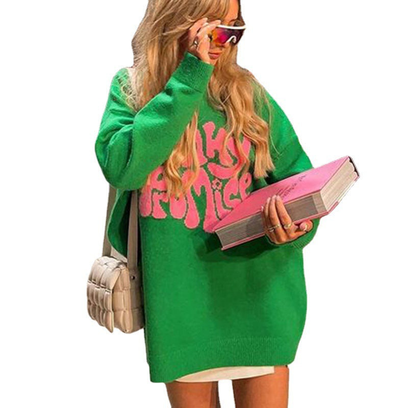 Round Neck Long Sleeve Letter Pattern Knitted Sweater Women's Pullover