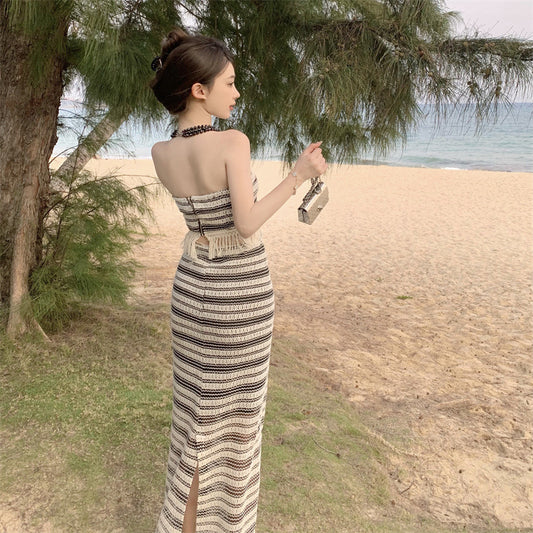 Womens Elegant Fringe-Trimmed Tube Top And Skirt Set