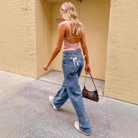 Women's High Waist Casual Bow Straight-leg Denim Trousers