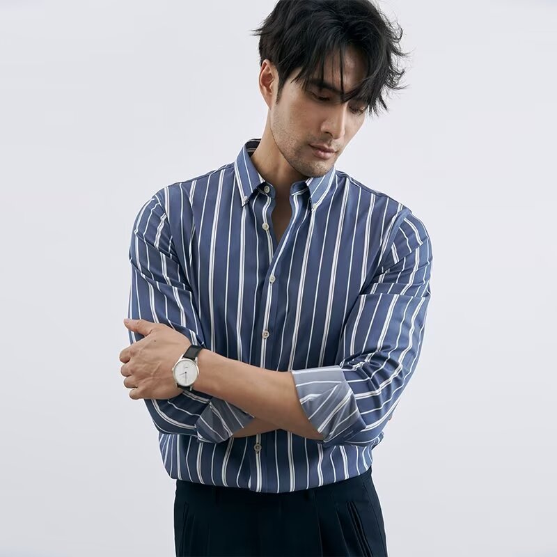 Men's Loose-Fit Casual Striped Long-Sleeve Shirt