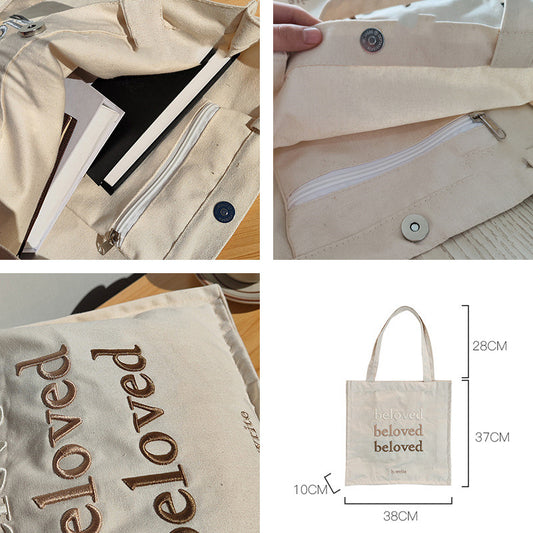 Women's Embroidered Letters Large Capacity Canvas Bag