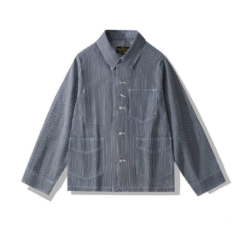 Striped Denim Multi-pocket Motorcycle Jacket