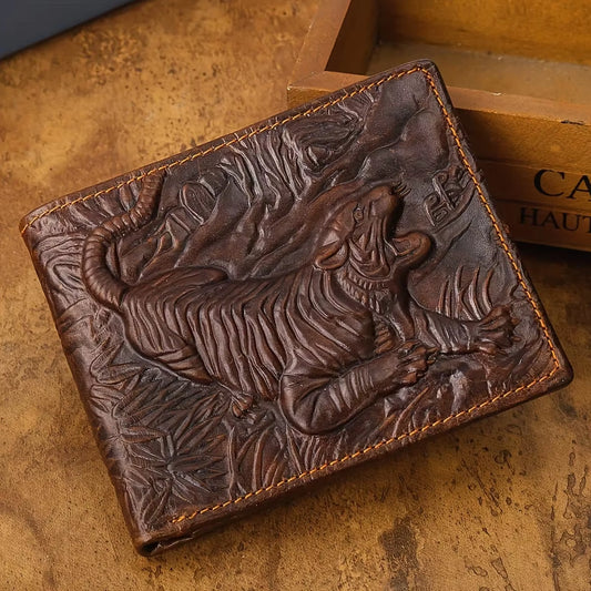 Men'S Vintage Genuine Leather Wallet 3D Printed Tiger Wallet Card Holder