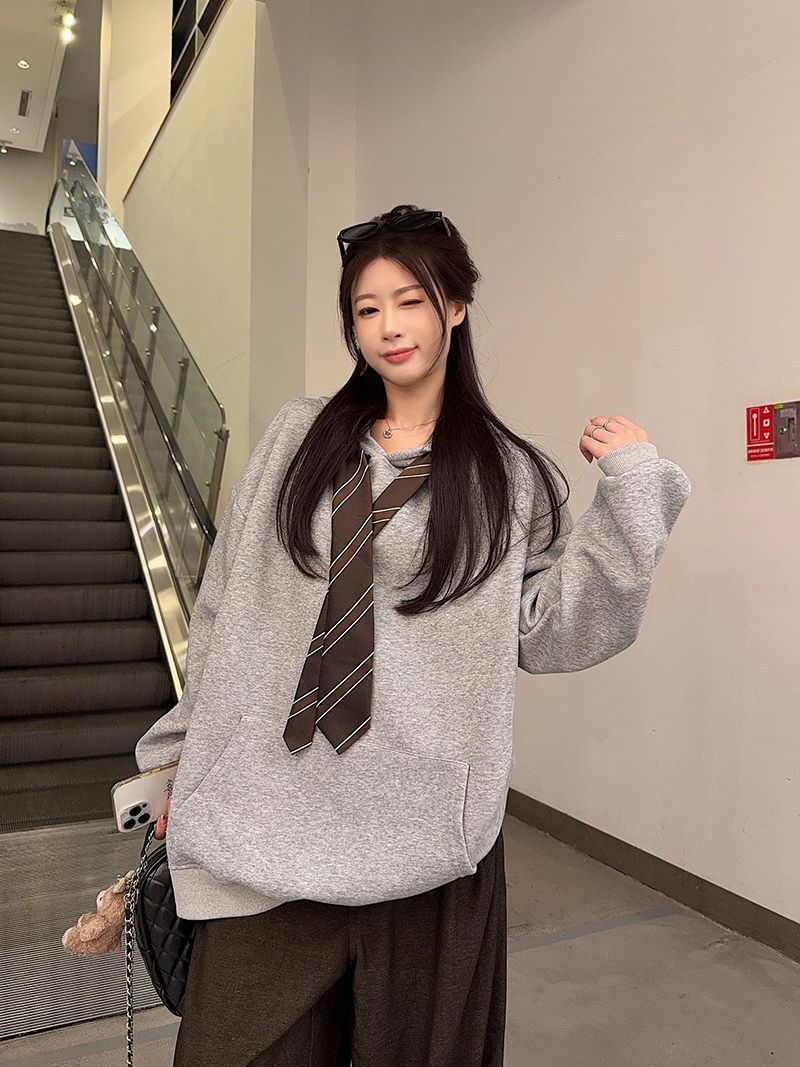 Løs Afslappet Sweatshirt med Hætte og Bindebånd til Kvinder