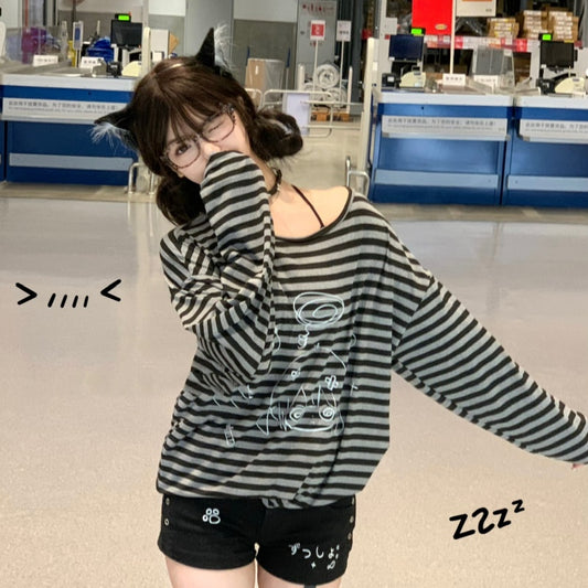 Loose-fitting Versatile Thin Top Design Sense Niche Striped Long Sleeve