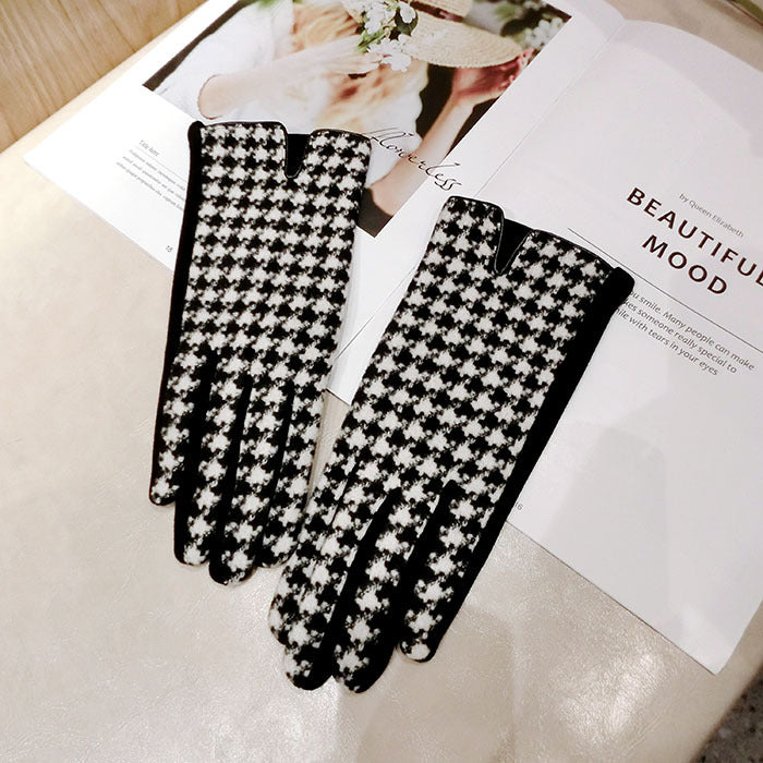 Color Plaid Wool Plus Velvet Thick Five-finger Gloves