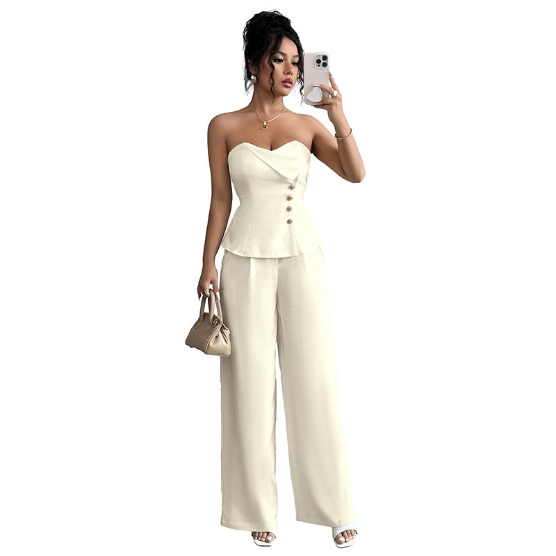 Off-the-shoulder Top And Wide-leg Pants Solid-color Set