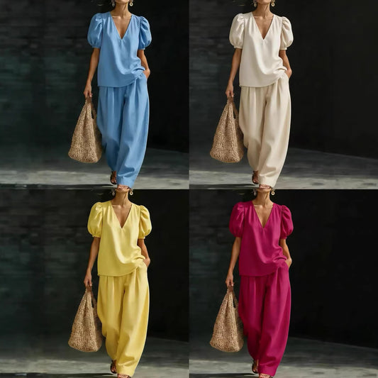 V-Neck Short-Sleeve Fashionable Casual Womens Set