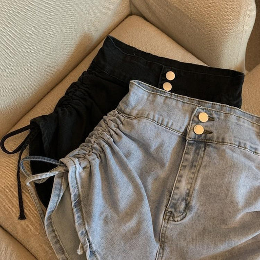 High Waist Drawstring Denim Shorts
