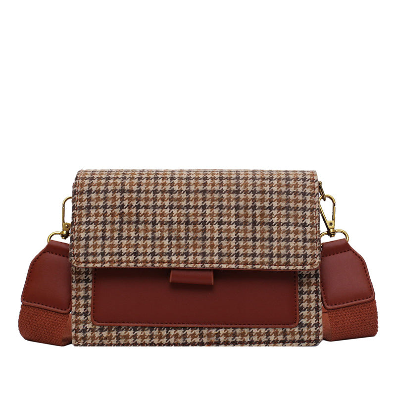 Retro small square bag shoulder bag houndstooth contrast color