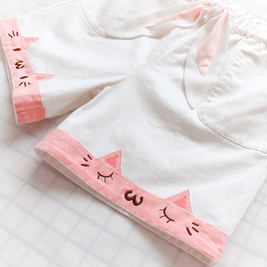 Embroidered bow tie elastic waist casual shorts