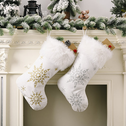Flannel Pearl Snowflake Christmas Stocking White