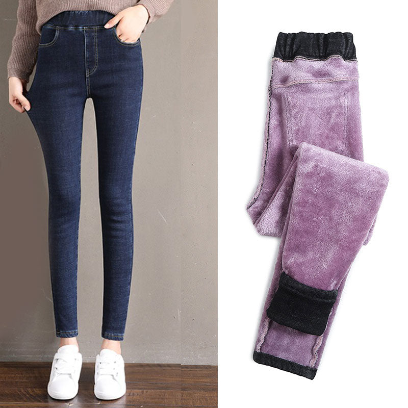 Elastiske højtaljede plus fleece-jeans