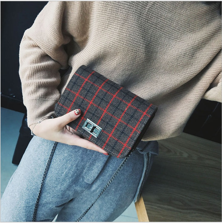 Small bag new women's bag tide section wild woolen lattice lock small square bag shoulder slung chain