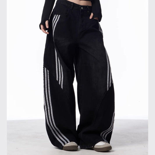 Retro Washed Jeans Women's Striped Stitching Wide-leg Pants