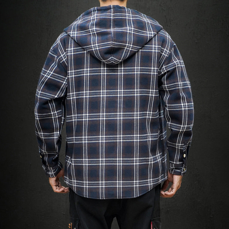 Size Black Wall Plaid Hooded Plus Velvet Thick Warm Shirt