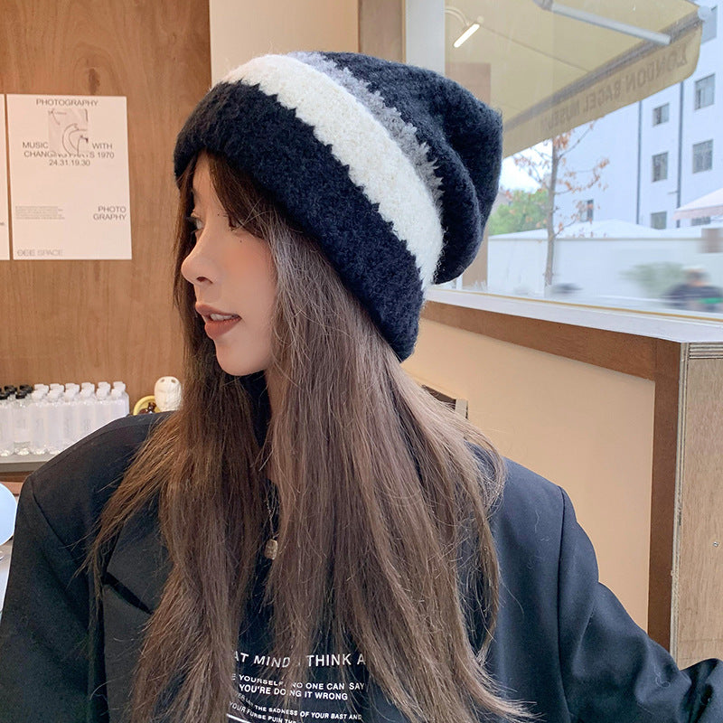 Large Head Circumference Knitted Wool Colorblock Fashion