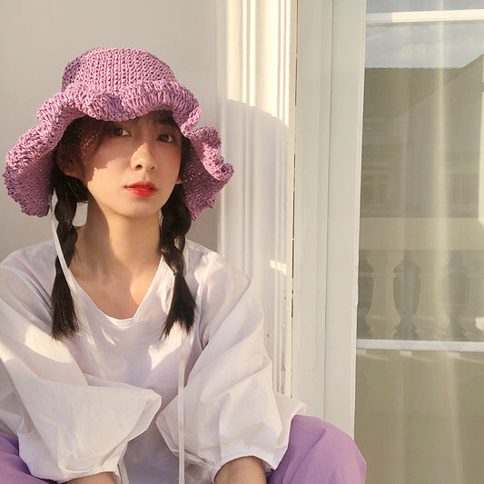 Lace Up And Upturned Cute Papyrus Ins Wind Pastoral Grass Woven Hat