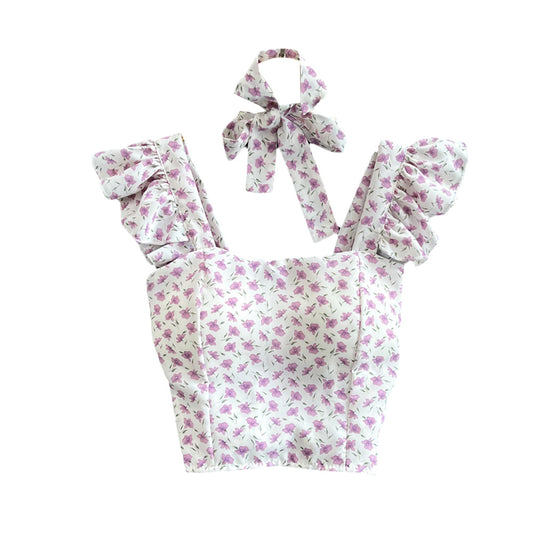 Western-style Girls Slim Sleeveless Square Neck Floral Top Women