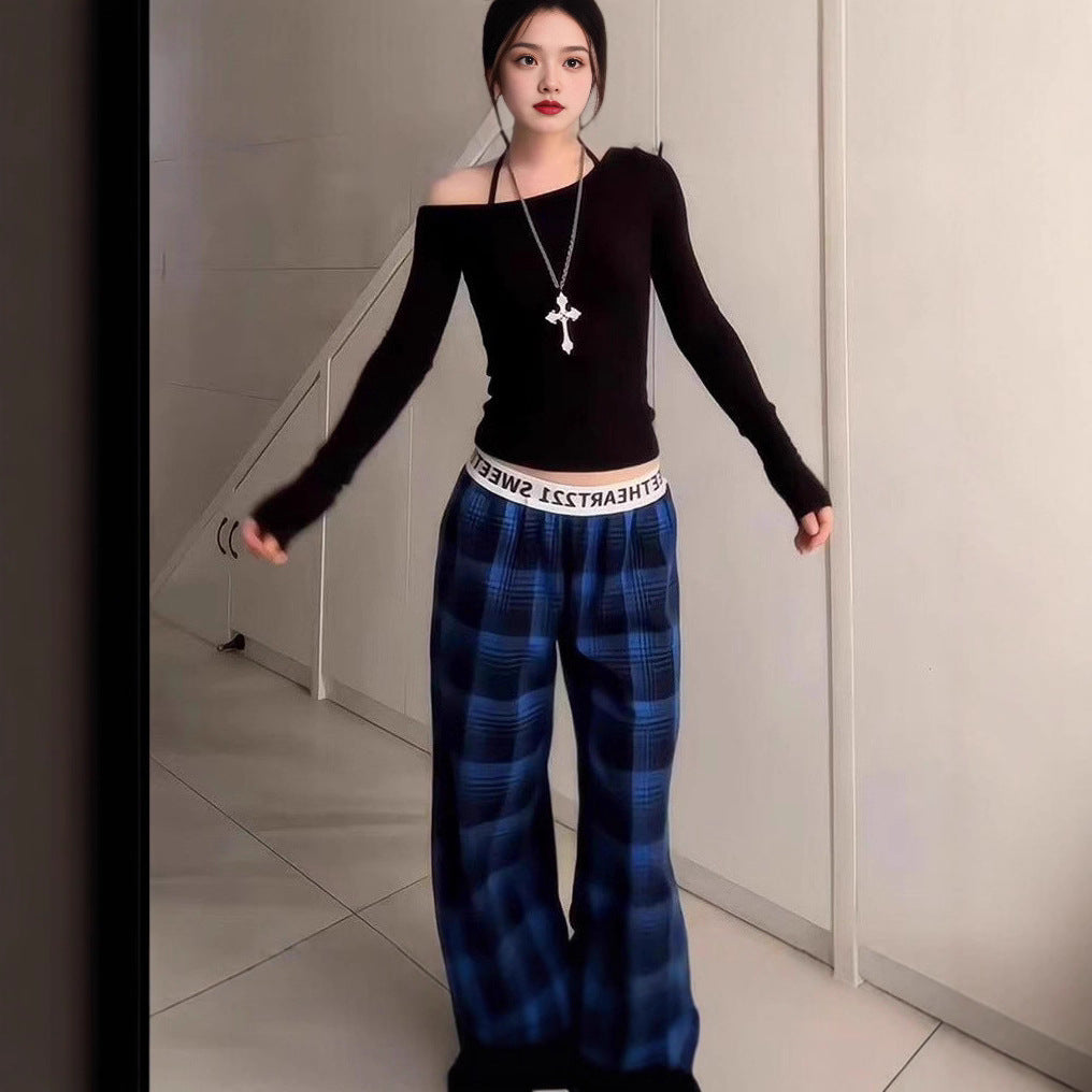 Womens Fashionable Retro Plaid Wide-Leg Pants