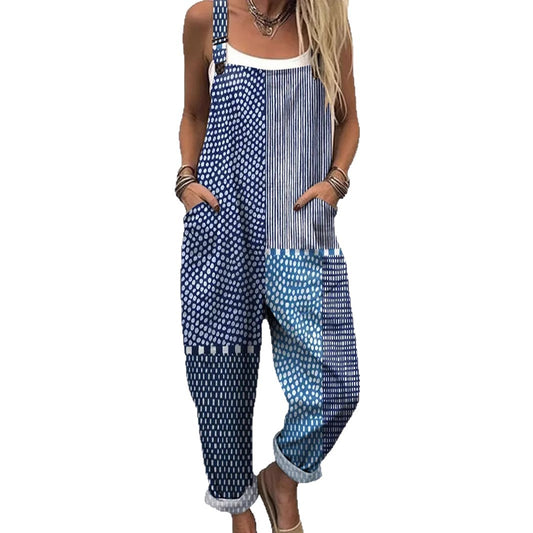 Women's Printed Loose Sleeveless Retro Jumpsuit