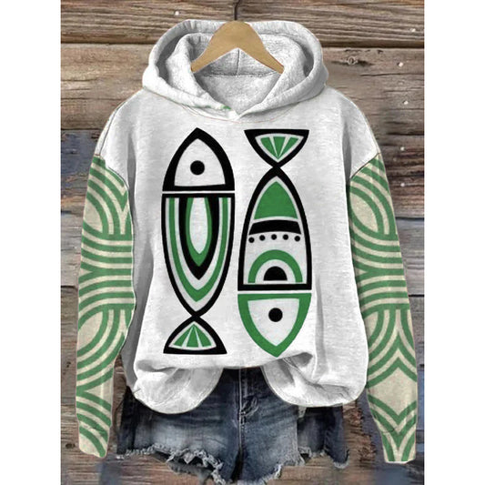 Womens Printed Hooded Long-Sleeve Pullover Sweatshirt