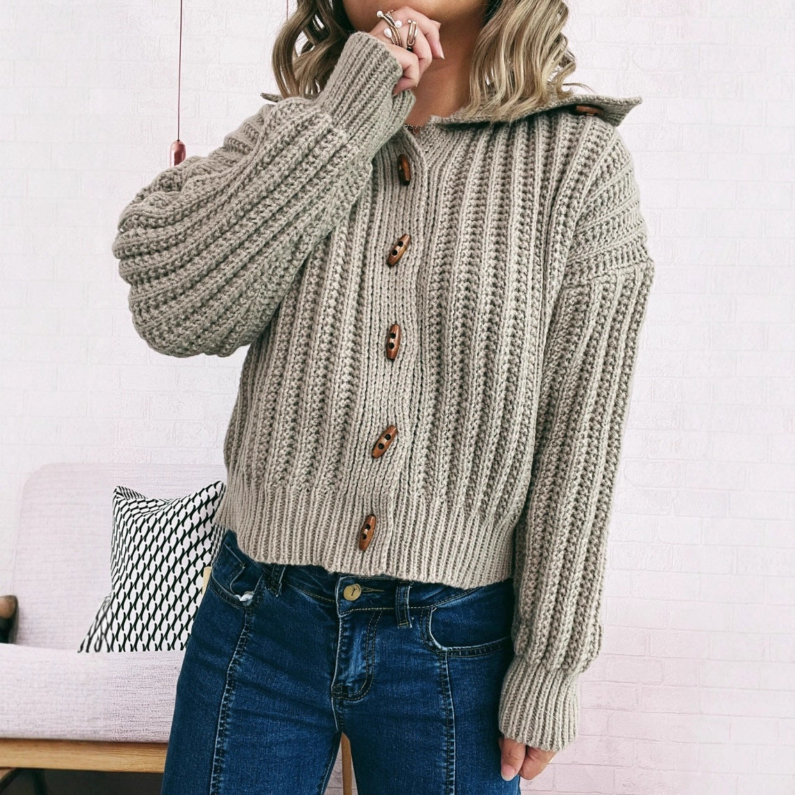 Lapel Long Sleeve Vintage Single-breasted Commute Leisure Thick Sweater