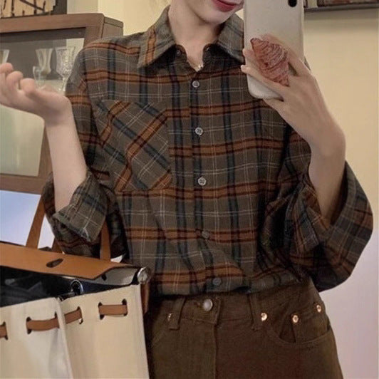 Womens Retro Brushed Plaid Casual Shirt