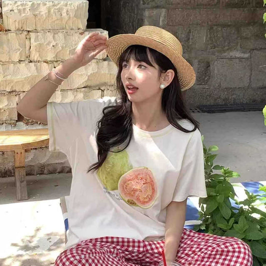Yellow Steamed Guava Print Letter Crew Neck Loose Short Sleeve