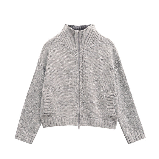 Spring Zipped Stand Collar Short Long Sleeve Knitted Coat