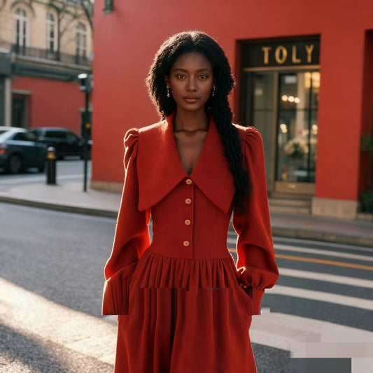 Slimming Red Lapel Dress For Shorter Statures