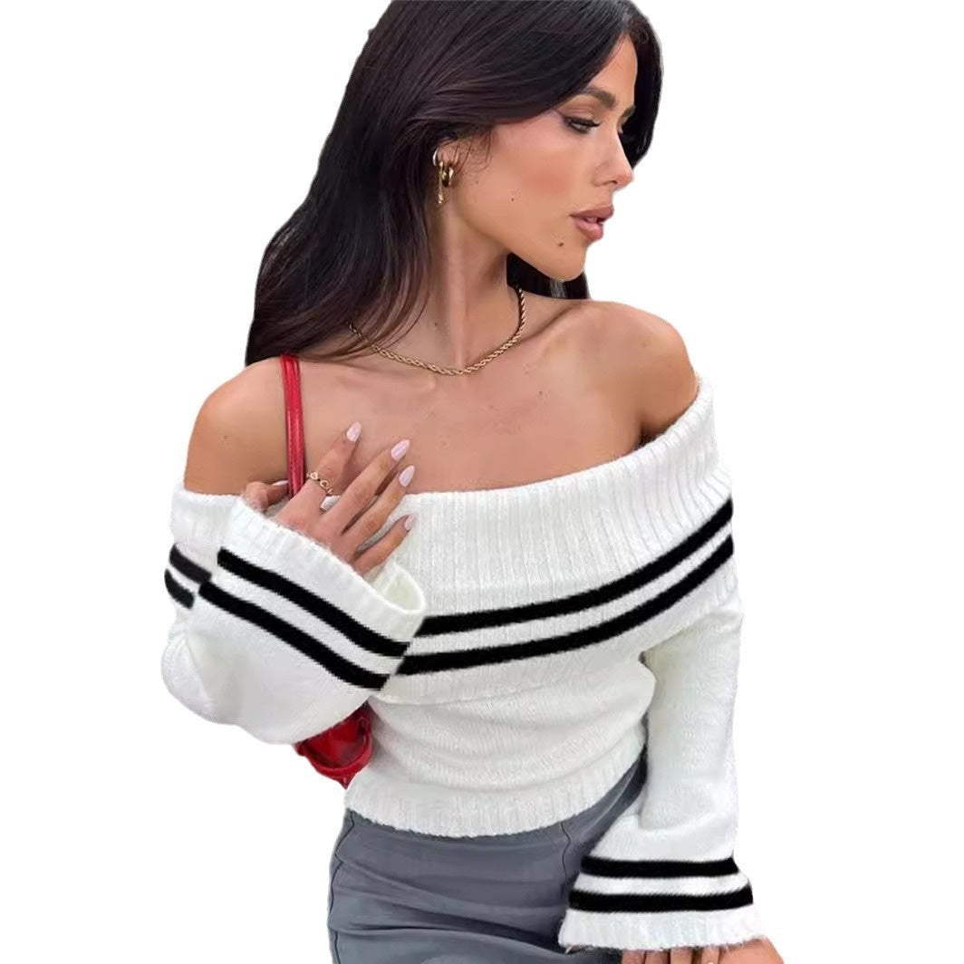 Strikket Top til Kvinder med Off-shoulder, Kort Mave og Trompetærmer