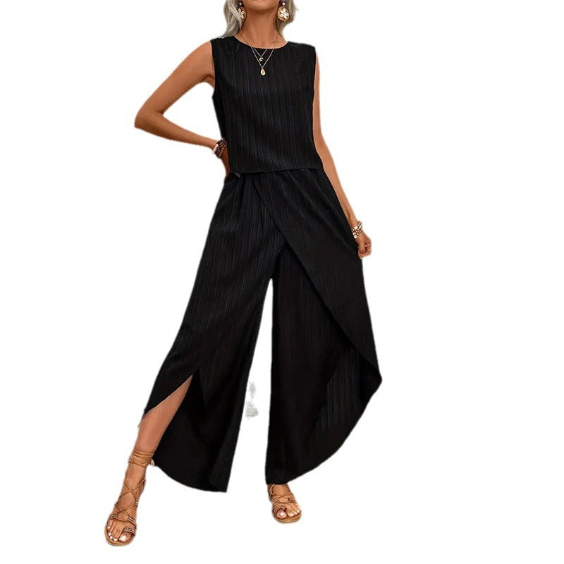 Casual Pants Wide-leg Pants Crew-neck Sleeveless T-shirt Two-piece Set
